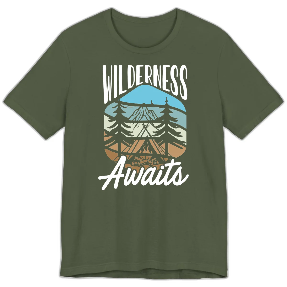Wilderness awaits layered design showing mountain, forest, and underground ecosystem cross-section with white text. in Military Green