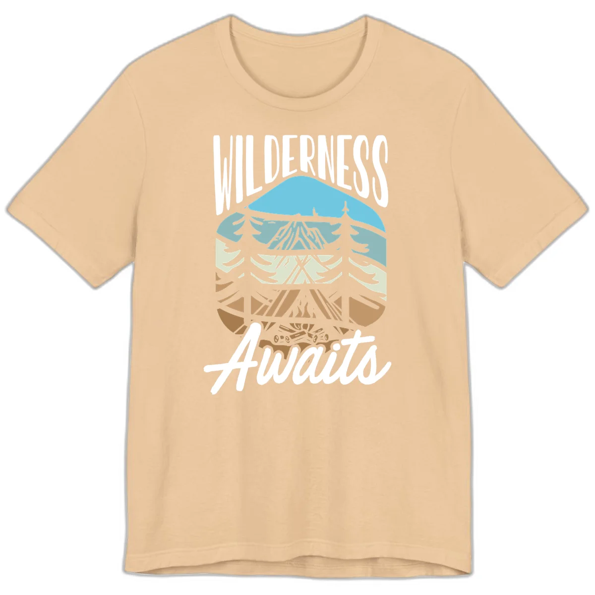Wilderness awaits layered design showing mountain, forest, and underground ecosystem cross-section with white text. in Sand Dune