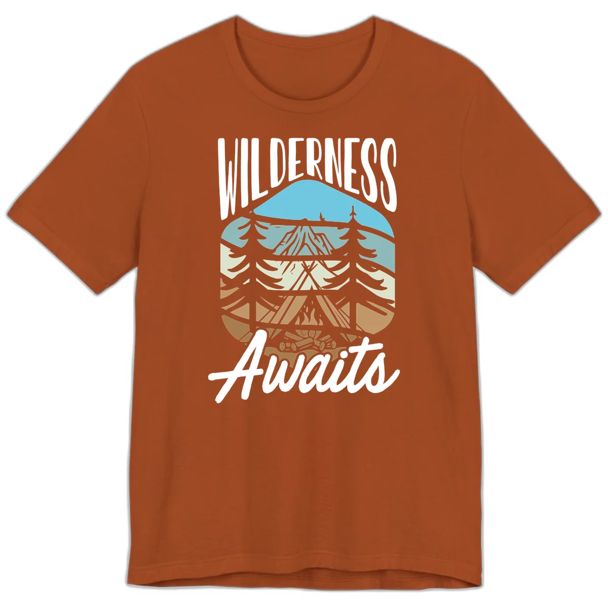 Wilderness awaits layered design showing mountain, forest, and underground ecosystem cross-section with white text. in Autumn