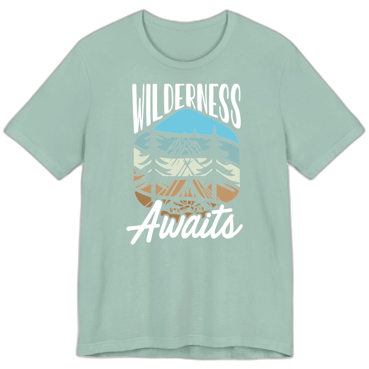 Wilderness awaits layered design showing mountain, forest, and underground ecosystem cross-section with white text. in Dusty Blue