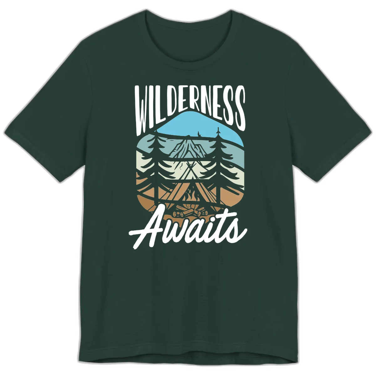 Wilderness awaits layered design showing mountain, forest, and underground ecosystem cross-section with white text. in Forest