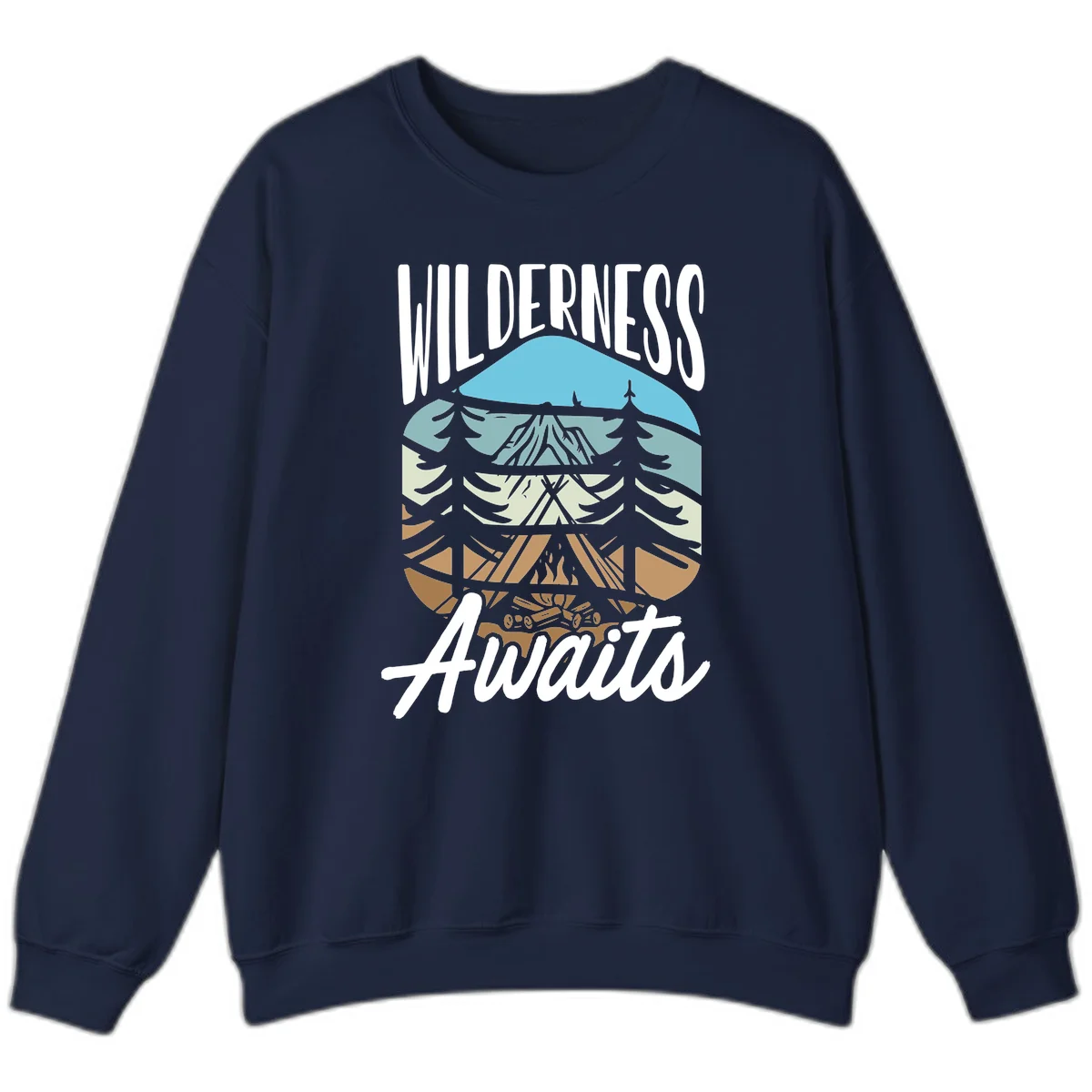 Wilderness awaits layered design showing mountain, forest, and underground ecosystem cross-section with white text. in Navy