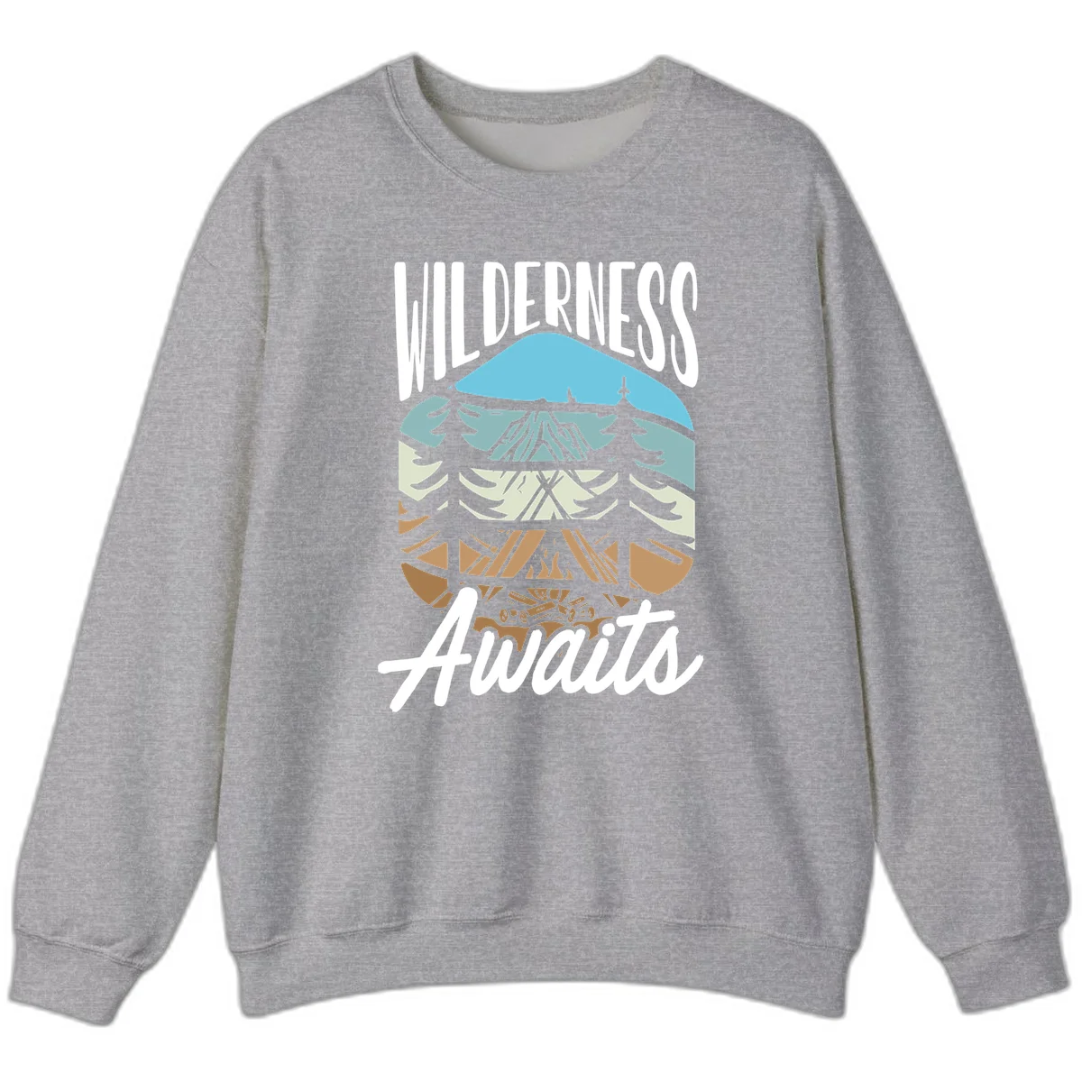 Wilderness awaits layered design showing mountain, forest, and underground ecosystem cross-section with white text. in Sport Grey