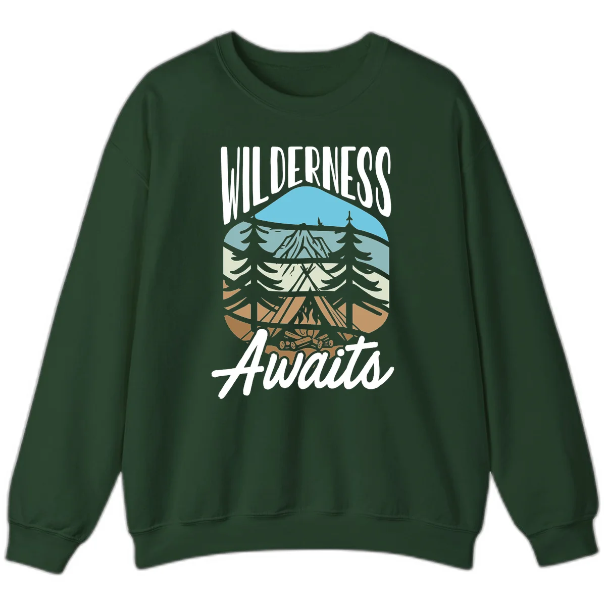 Wilderness awaits layered design showing mountain, forest, and underground ecosystem cross-section with white text. in Forest Green