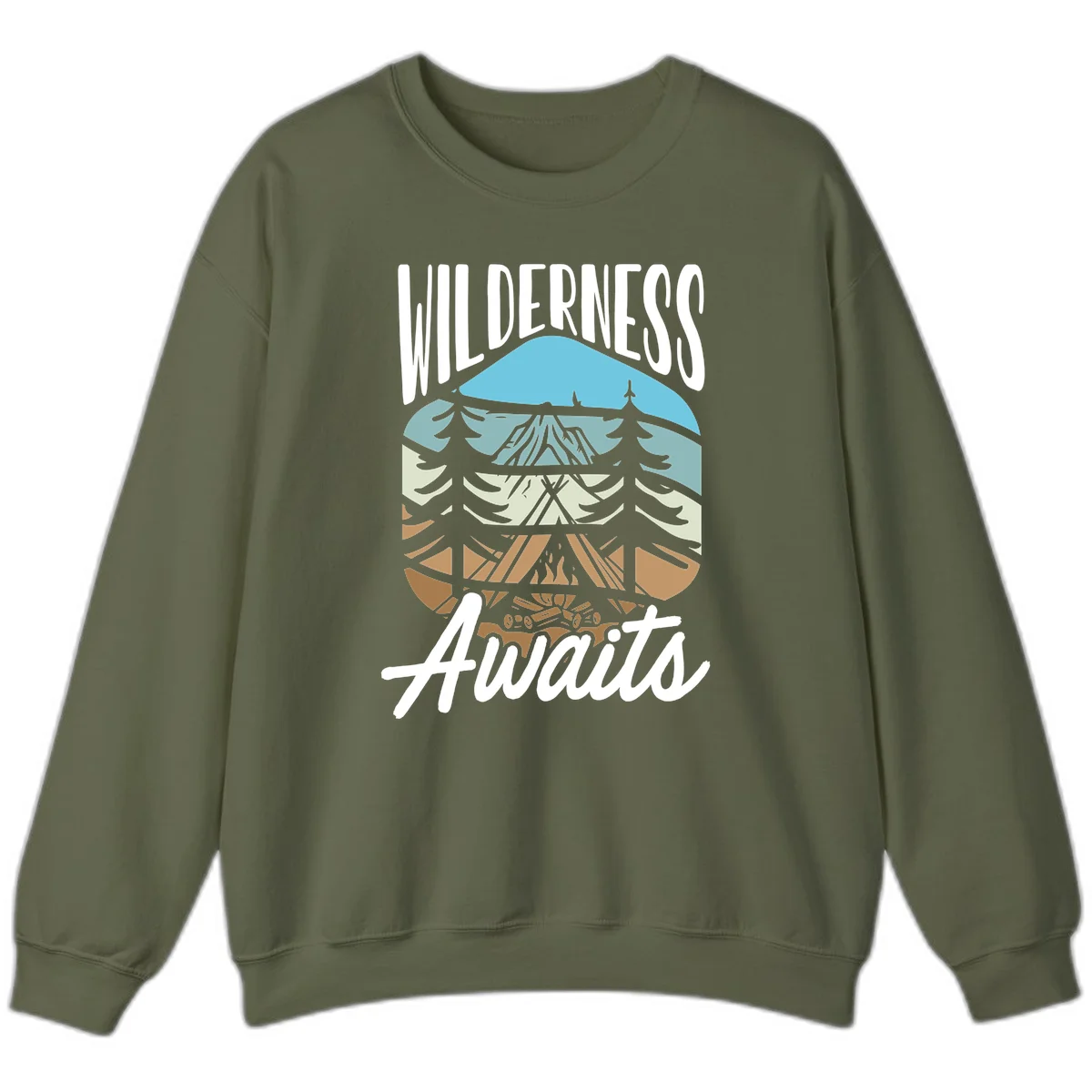 Wilderness awaits layered design showing mountain, forest, and underground ecosystem cross-section with white text. in Military Green