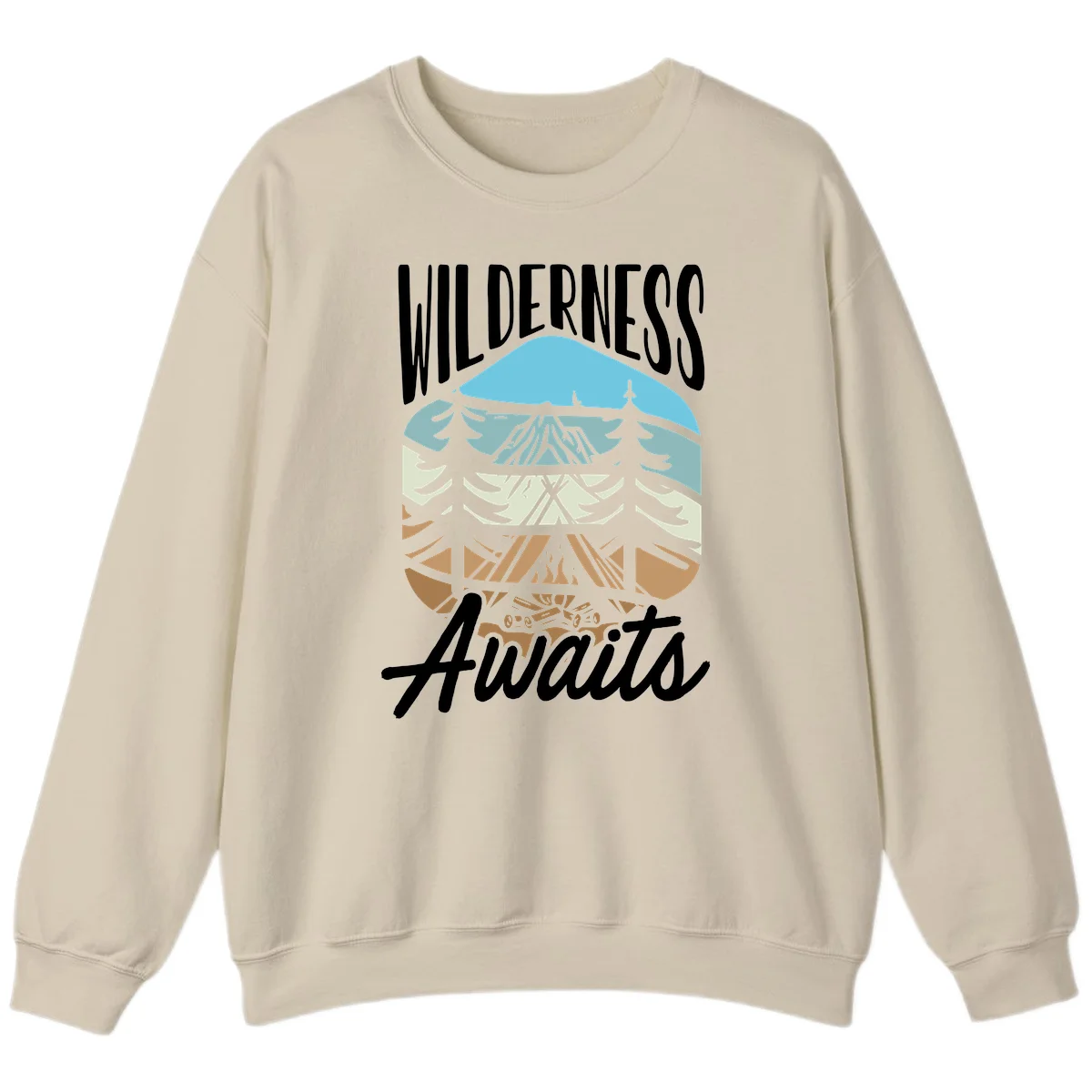 Wilderness awaits layered design showing mountain, forest, and underground ecosystem cross-section with white text. in Sand