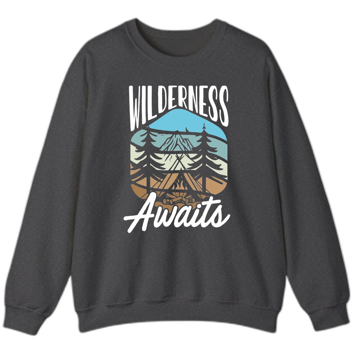 Wilderness awaits layered design showing mountain, forest, and underground ecosystem cross-section with white text. in Dark Heather
