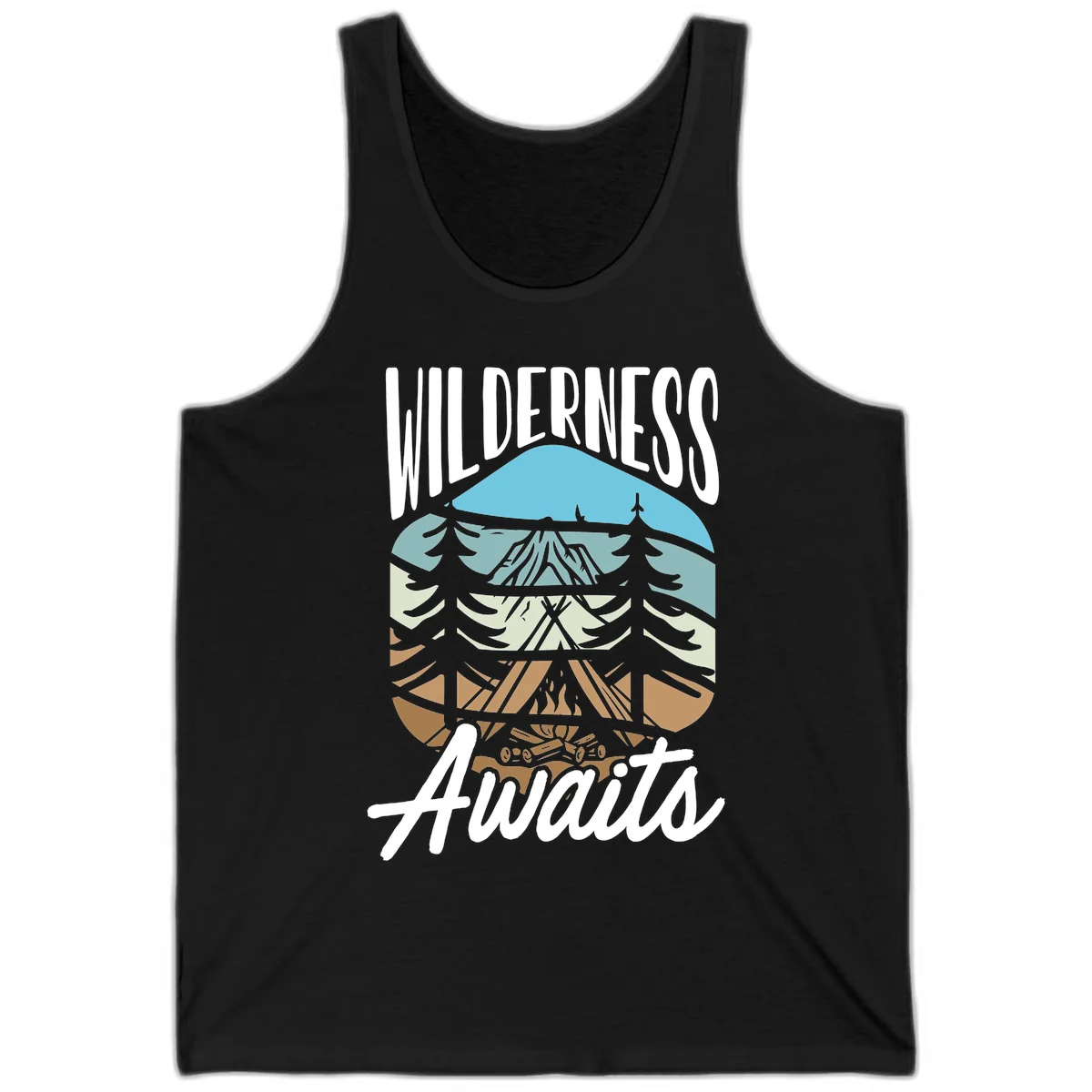 Wilderness awaits layered design showing mountain, forest, and underground ecosystem cross-section with white text. in Black