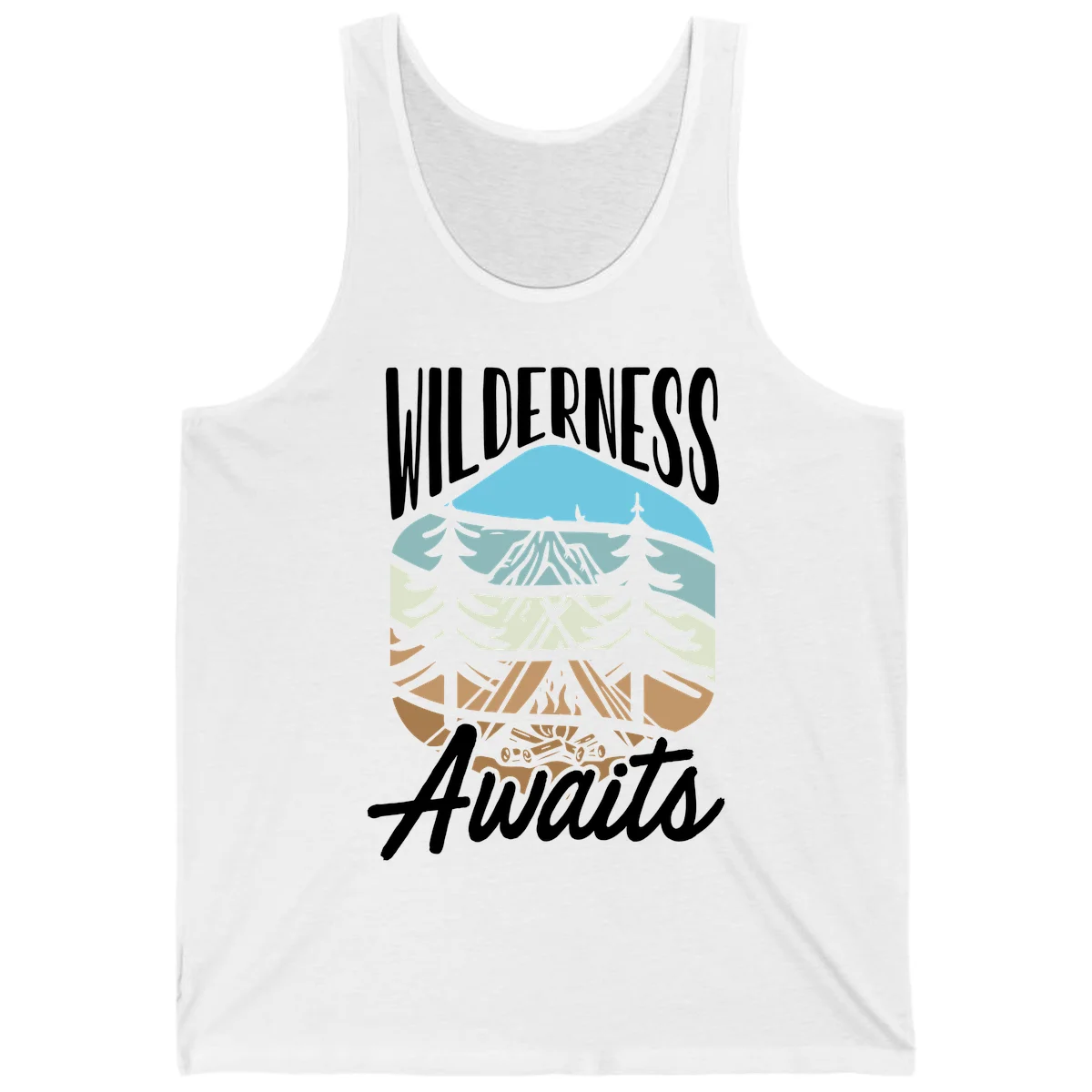 Wilderness awaits layered design showing mountain, forest, and underground ecosystem cross-section with white text. in White