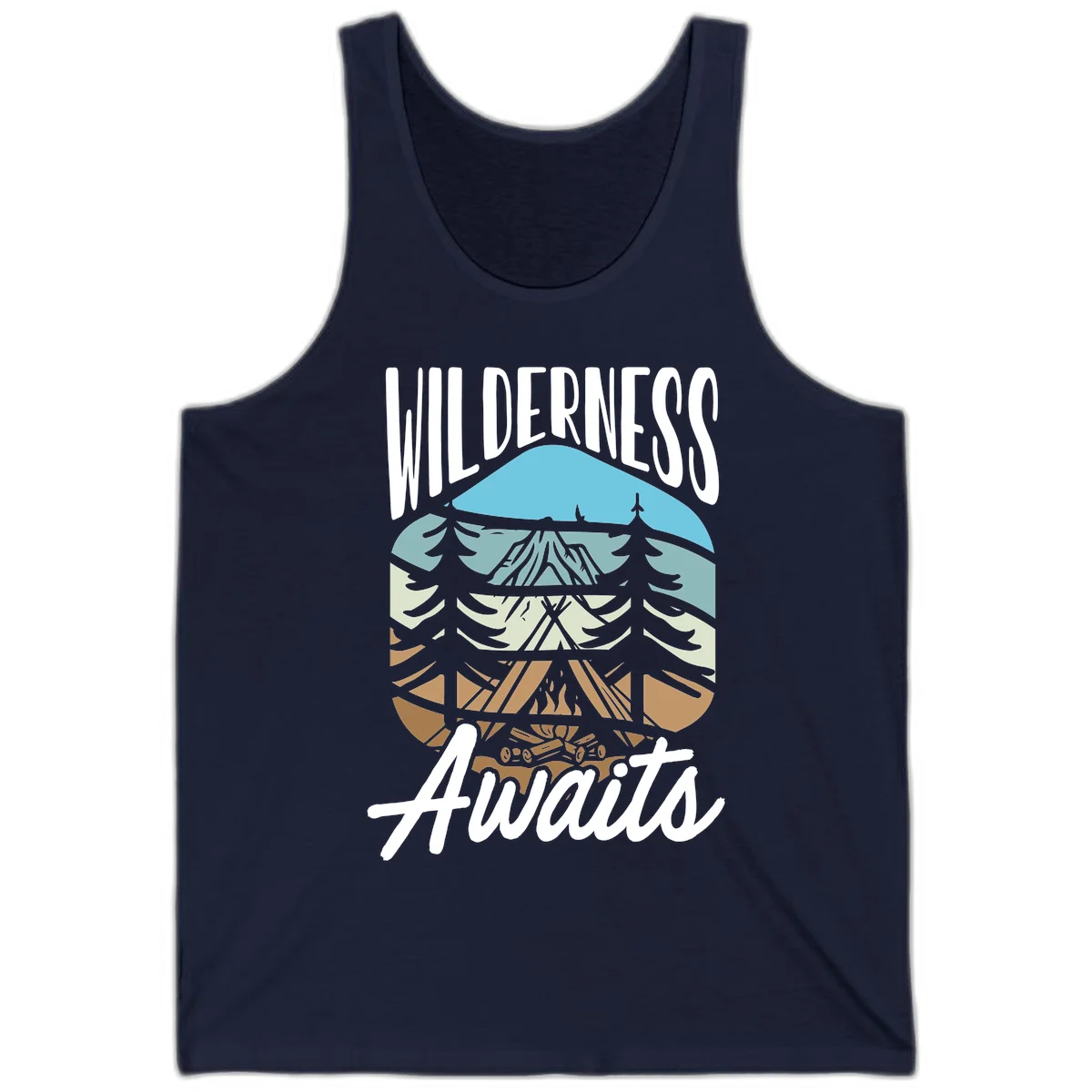 Wilderness awaits layered design showing mountain, forest, and underground ecosystem cross-section with white text. in Navy