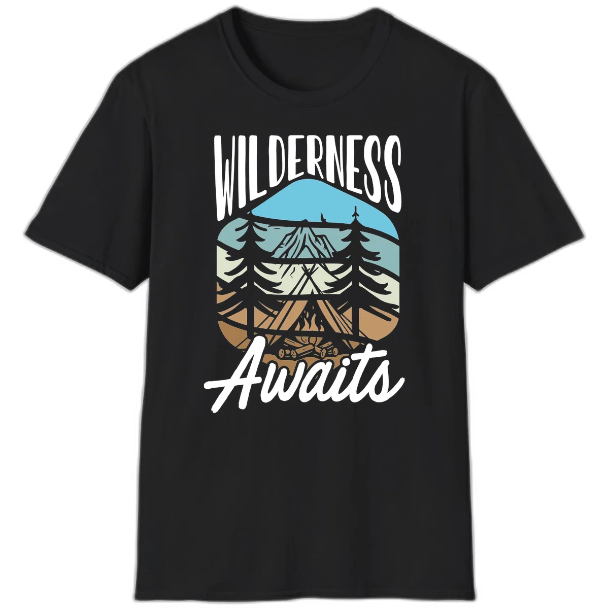 Wilderness awaits layered design showing mountain, forest, and underground ecosystem cross-section with white text. in Black