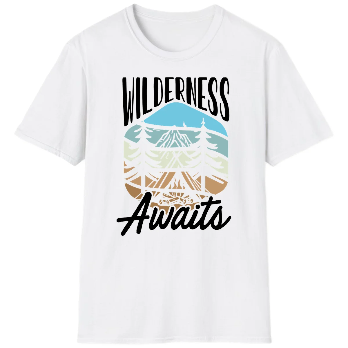 Wilderness awaits layered design showing mountain, forest, and underground ecosystem cross-section with white text. in White