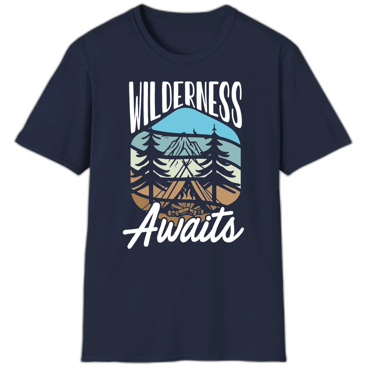 Wilderness awaits layered design showing mountain, forest, and underground ecosystem cross-section with white text. in Navy