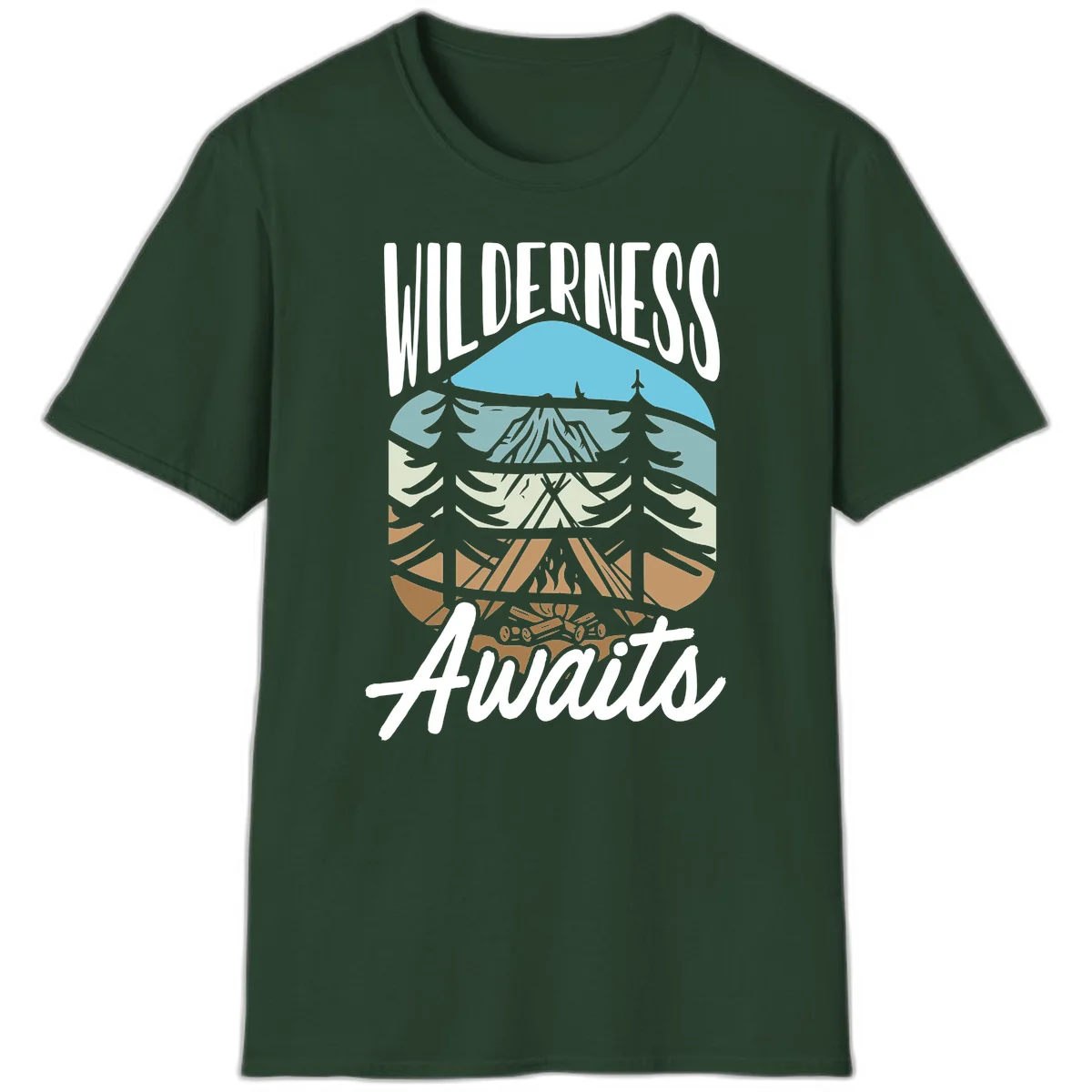 Wilderness awaits layered design showing mountain, forest, and underground ecosystem cross-section with white text. in Forest Green