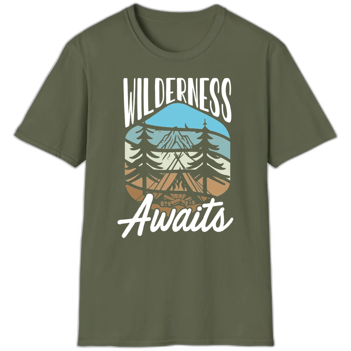Wilderness awaits layered design showing mountain, forest, and underground ecosystem cross-section with white text. in Military Green