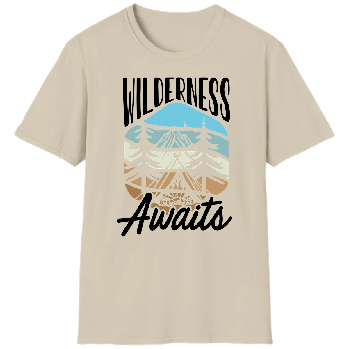 Wilderness awaits layered design showing mountain, forest, and underground ecosystem cross-section with white text. in Sand