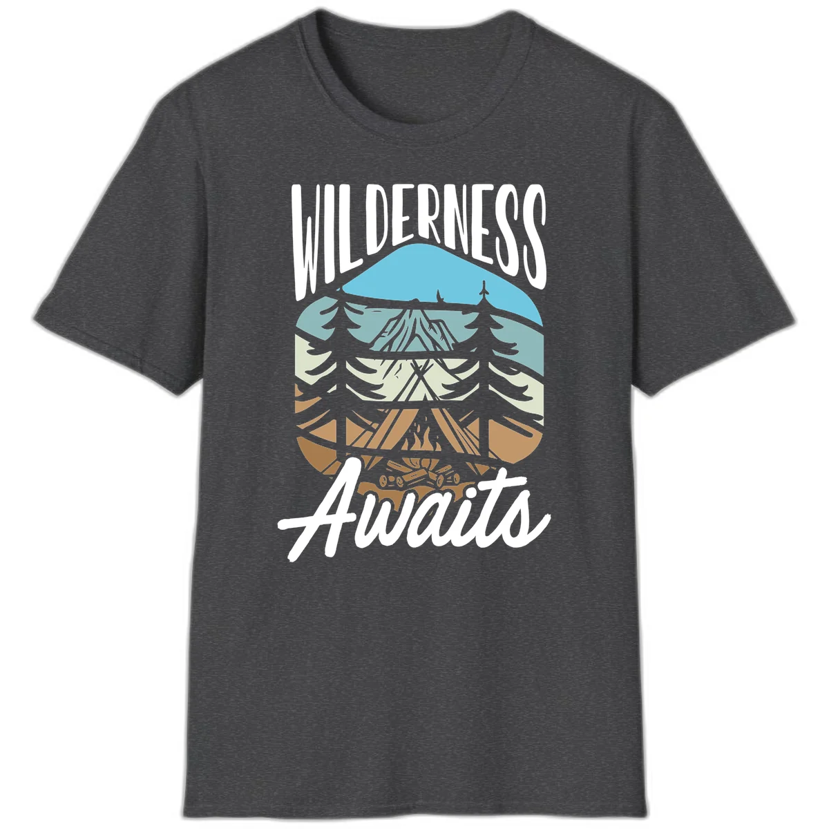 Wilderness awaits layered design showing mountain, forest, and underground ecosystem cross-section with white text. in Dark Heather