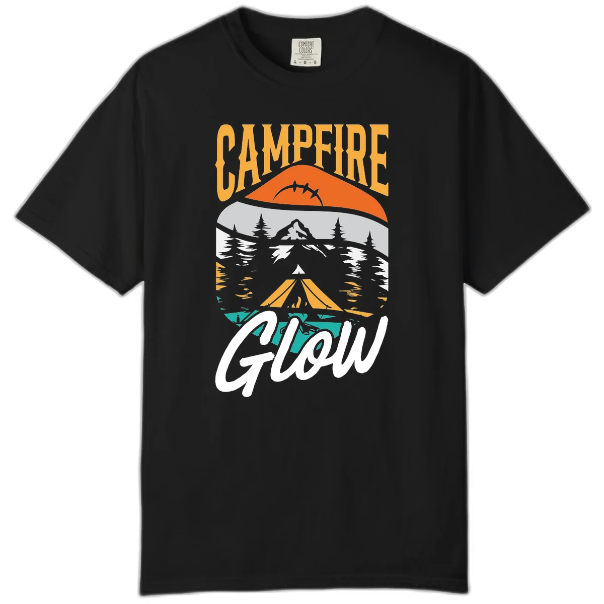 Campfire glow camping design with tent, mountain, pine trees and sunset illustration in orange, gold and teal colors in Black