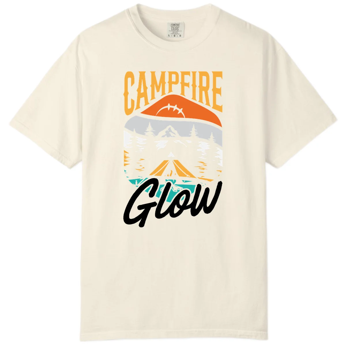 Campfire glow camping design with tent, mountain, pine trees and sunset illustration in orange, gold and teal colors in Ivory