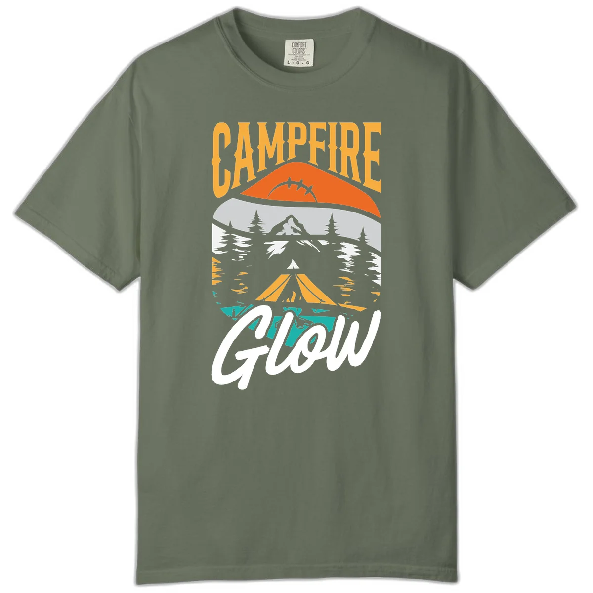 Campfire glow camping design with tent, mountain, pine trees and sunset illustration in orange, gold and teal colors in Moss