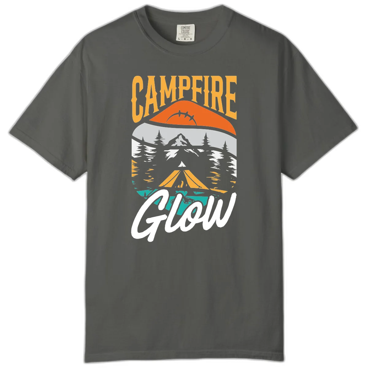 Campfire glow camping design with tent, mountain, pine trees and sunset illustration in orange, gold and teal colors in Pepper