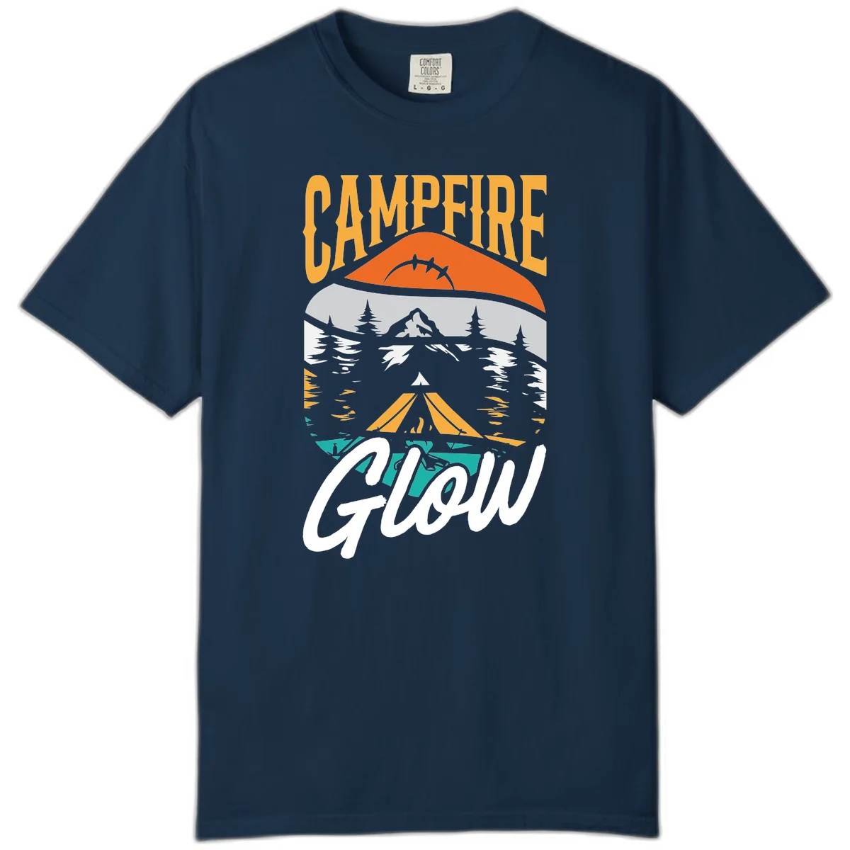 Campfire glow camping design with tent, mountain, pine trees and sunset illustration in orange, gold and teal colors in True Navy