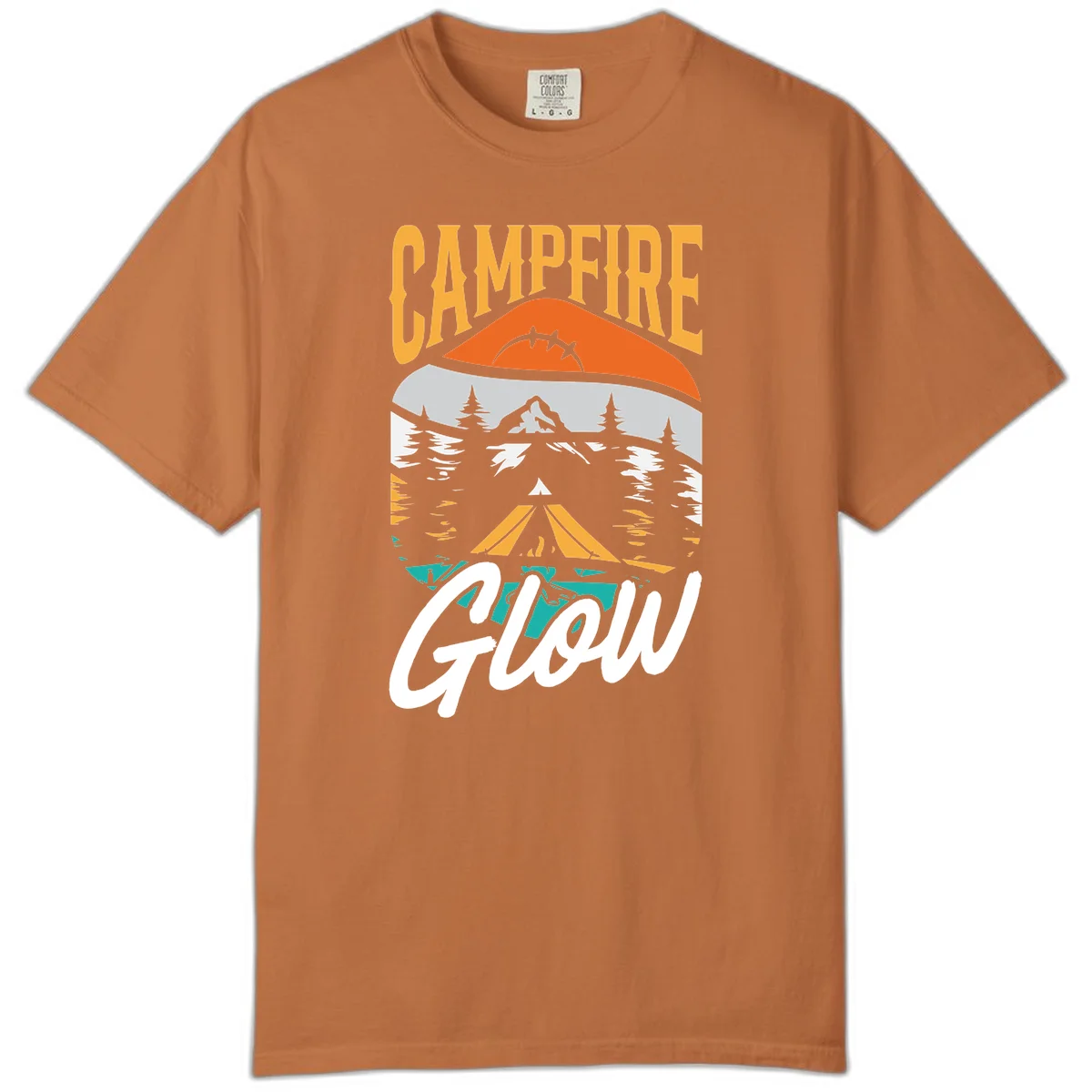 Campfire glow camping design with tent, mountain, pine trees and sunset illustration in orange, gold and teal colors in Yam