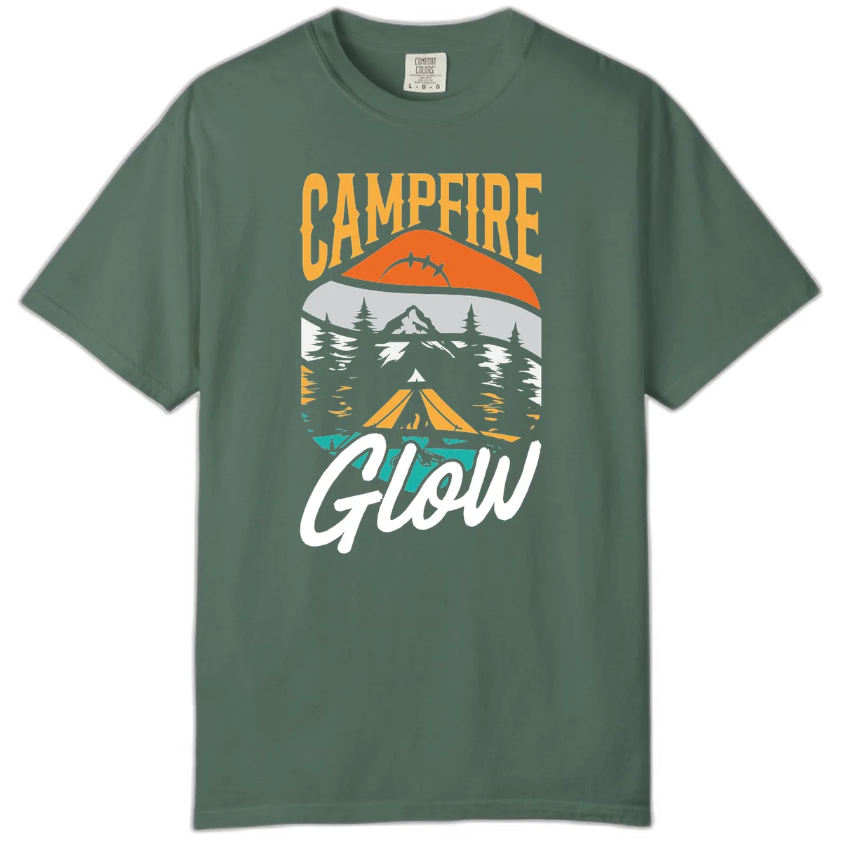 Campfire glow camping design with tent, mountain, pine trees and sunset illustration in orange, gold and teal colors in Blue Spruce