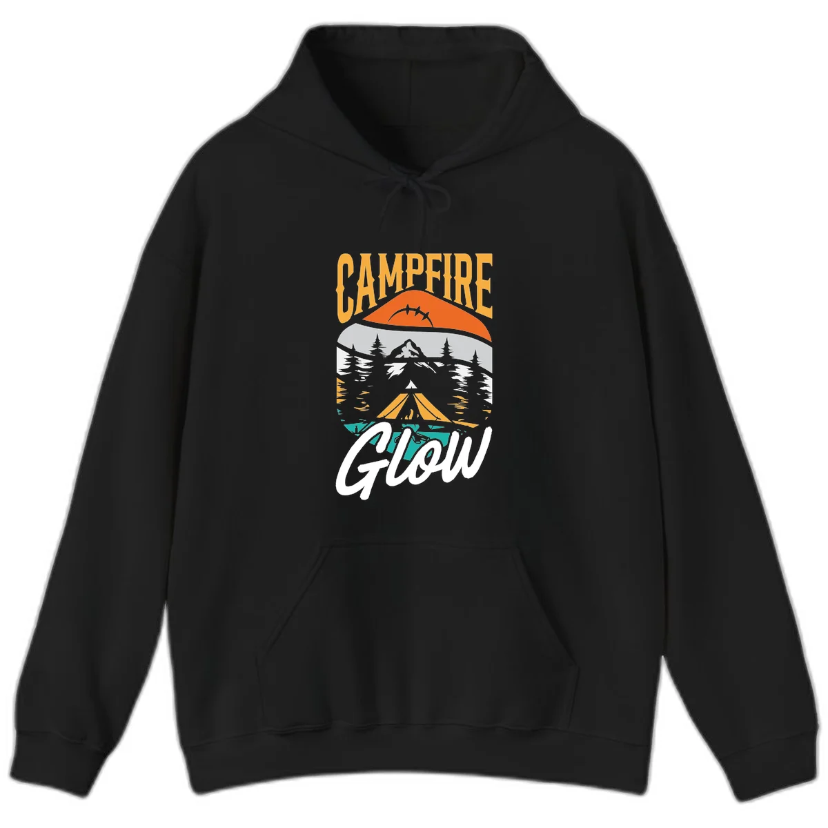 Campfire glow camping design with tent, mountain, pine trees and sunset illustration in orange, gold and teal colors in Black