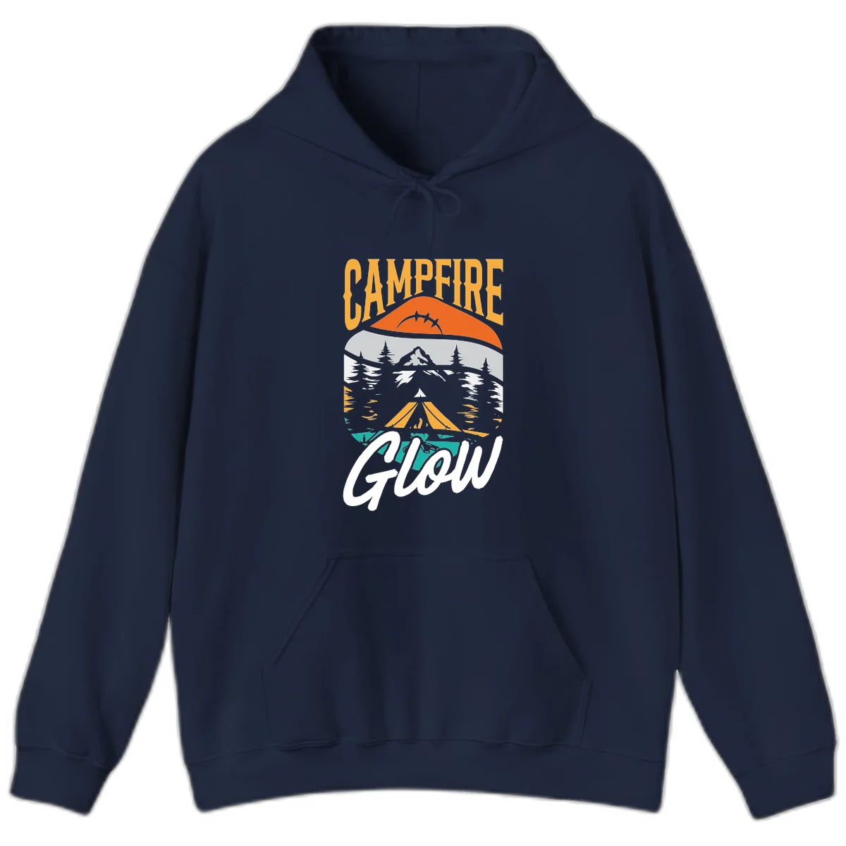 Campfire glow camping design with tent, mountain, pine trees and sunset illustration in orange, gold and teal colors in Navy