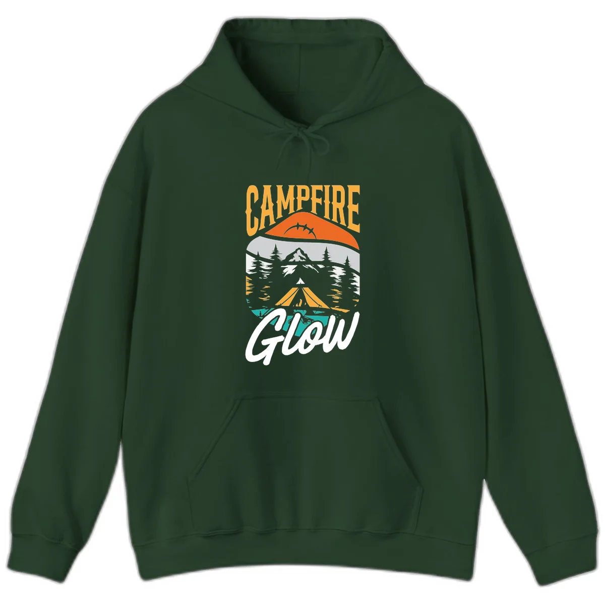 Campfire glow camping design with tent, mountain, pine trees and sunset illustration in orange, gold and teal colors in Forest Green
