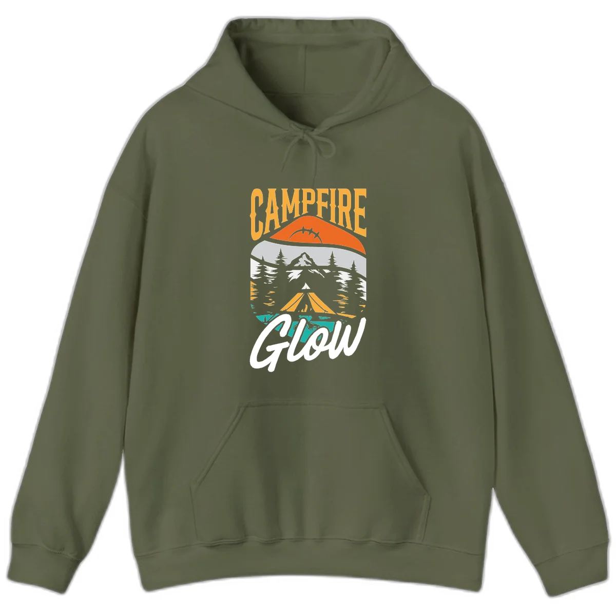 Campfire glow camping design with tent, mountain, pine trees and sunset illustration in orange, gold and teal colors in Military Green