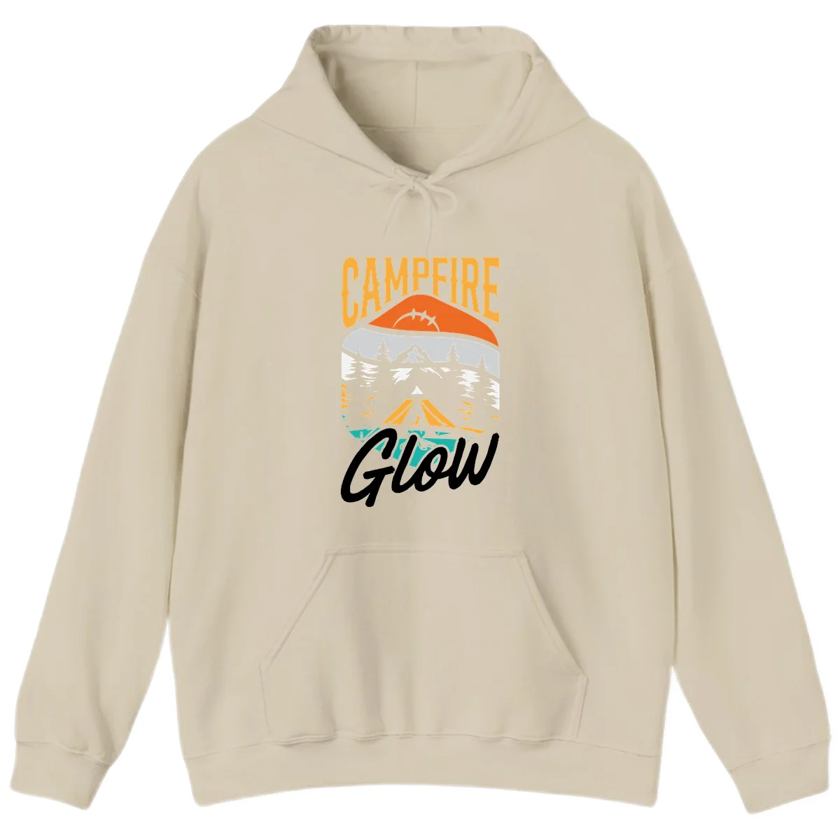 Campfire glow camping design with tent, mountain, pine trees and sunset illustration in orange, gold and teal colors in Sand