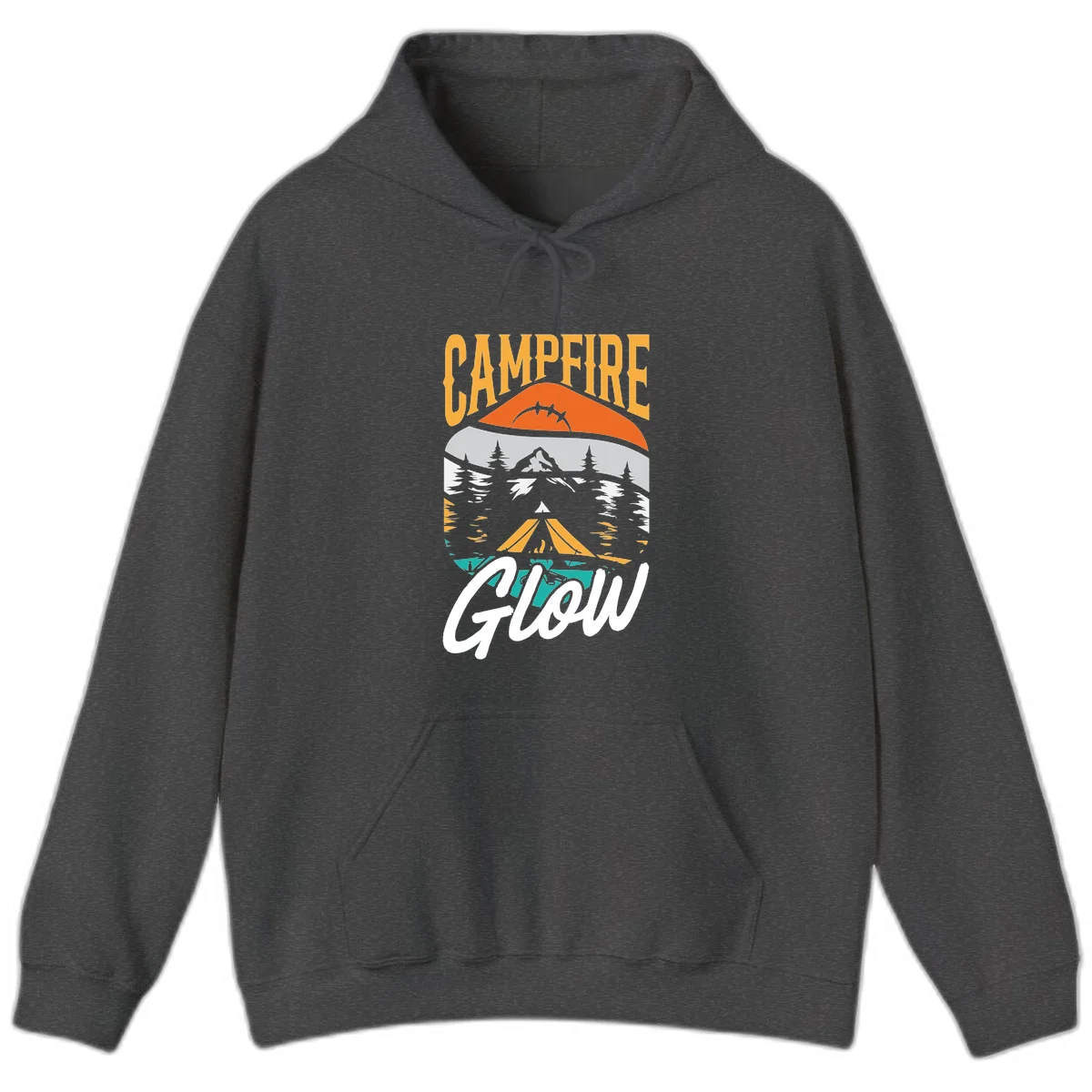 Campfire glow camping design with tent, mountain, pine trees and sunset illustration in orange, gold and teal colors in Dark Heather