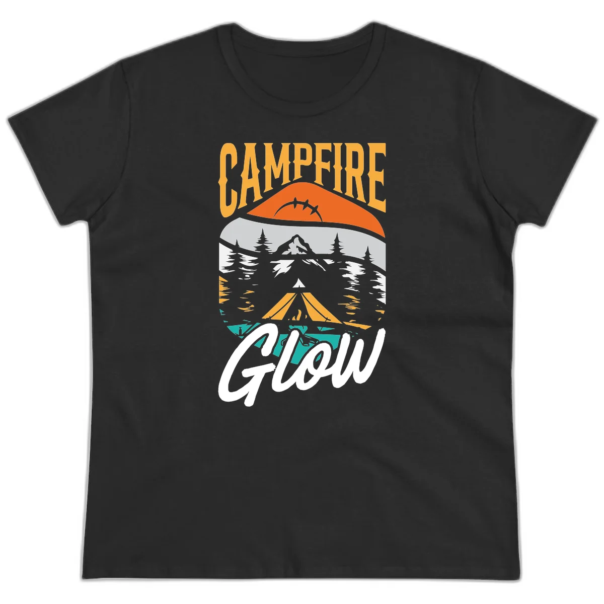 Campfire glow camping design with tent, mountain, pine trees and sunset illustration in orange, gold and teal colors in Black