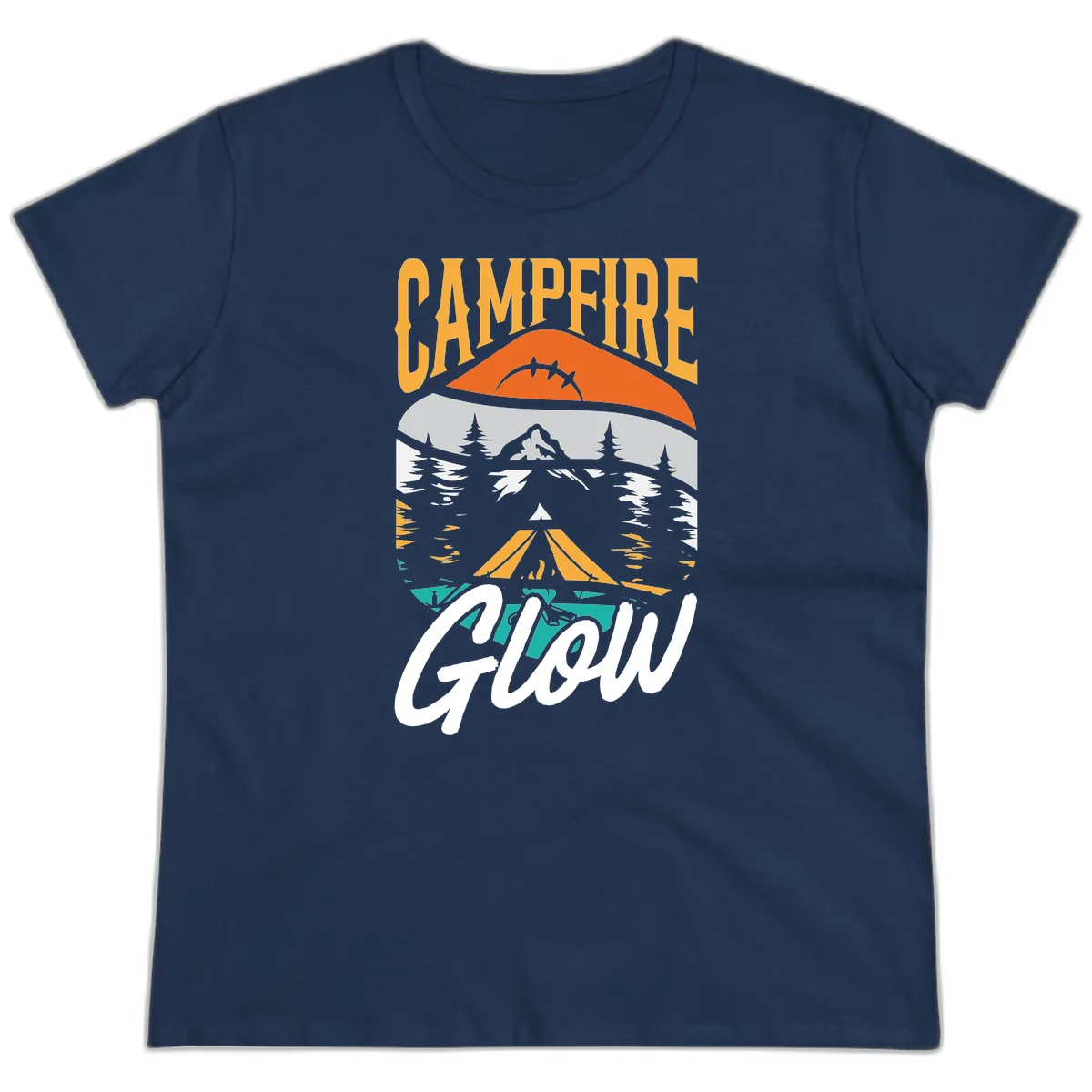 Campfire glow camping design with tent, mountain, pine trees and sunset illustration in orange, gold and teal colors in Navy