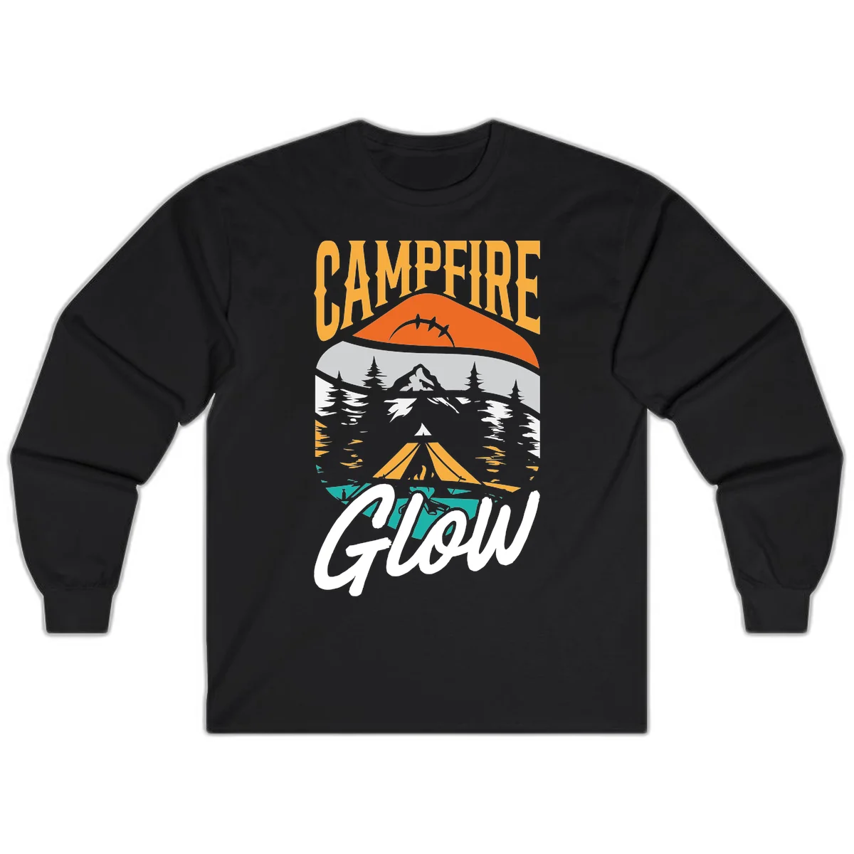Campfire glow camping design with tent, mountain, pine trees and sunset illustration in orange, gold and teal colors in Black