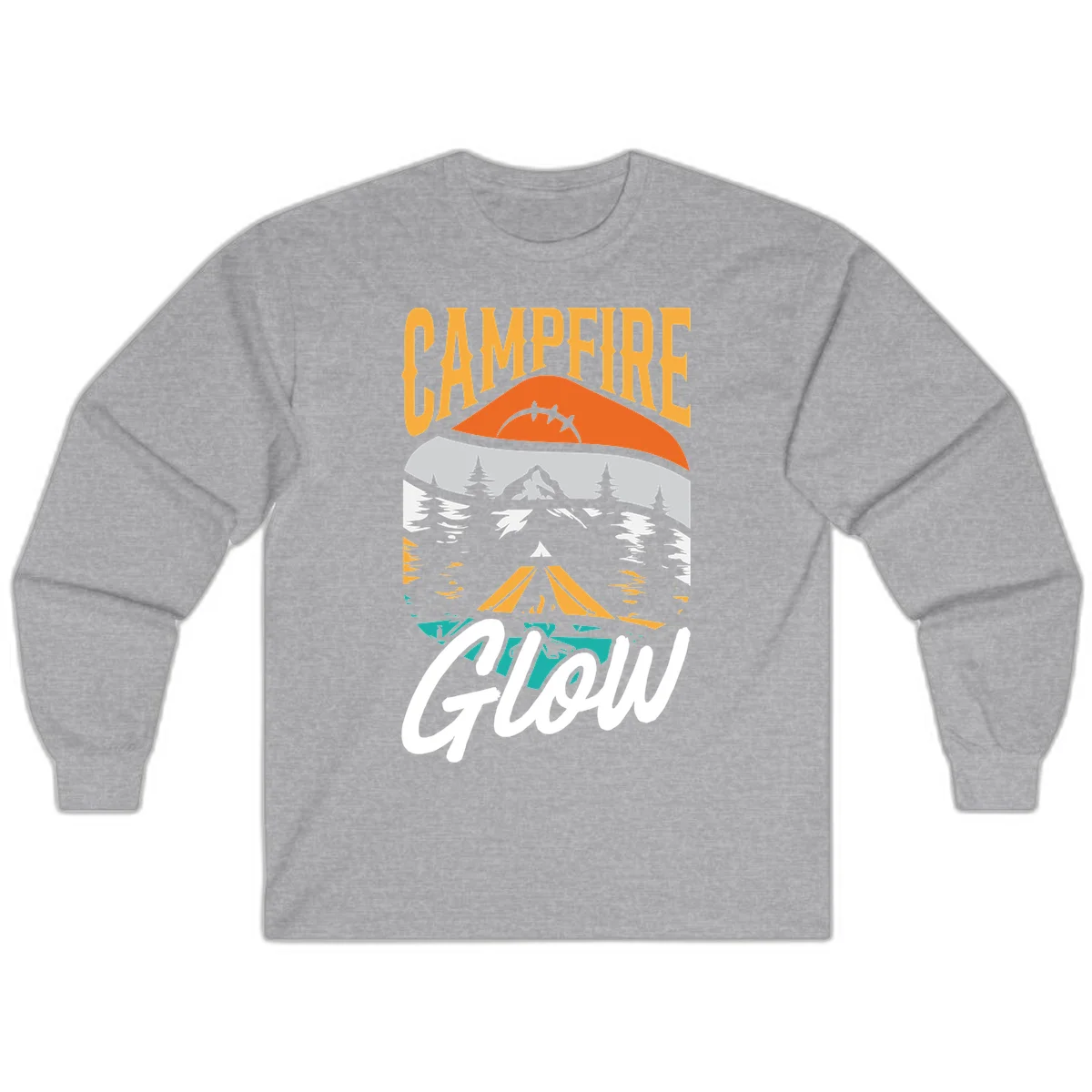 Campfire glow camping design with tent, mountain, pine trees and sunset illustration in orange, gold and teal colors in Sport Grey