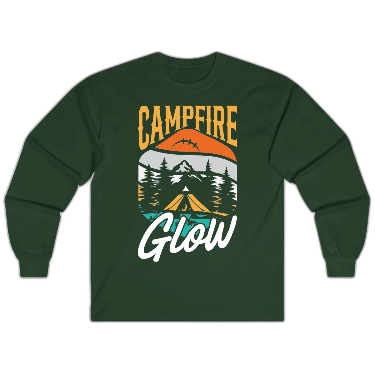 Campfire glow camping design with tent, mountain, pine trees and sunset illustration in orange, gold and teal colors in Forest Green