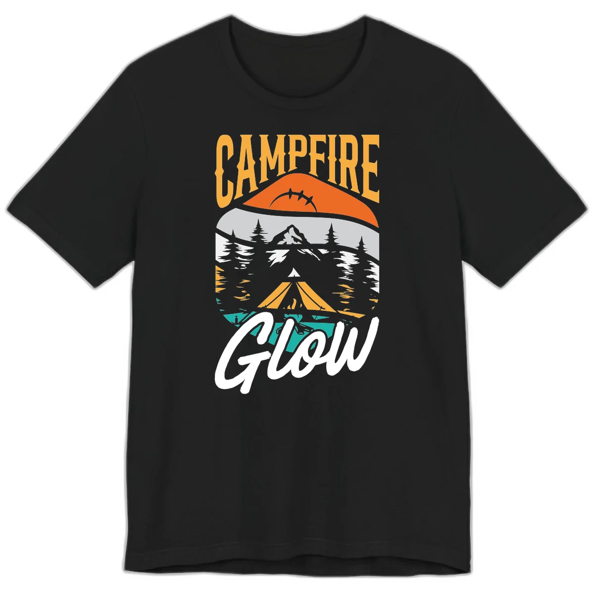 Campfire glow camping design with tent, mountain, pine trees and sunset illustration in orange, gold and teal colors in Black