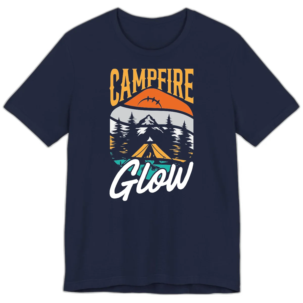 Campfire glow camping design with tent, mountain, pine trees and sunset illustration in orange, gold and teal colors in Navy
