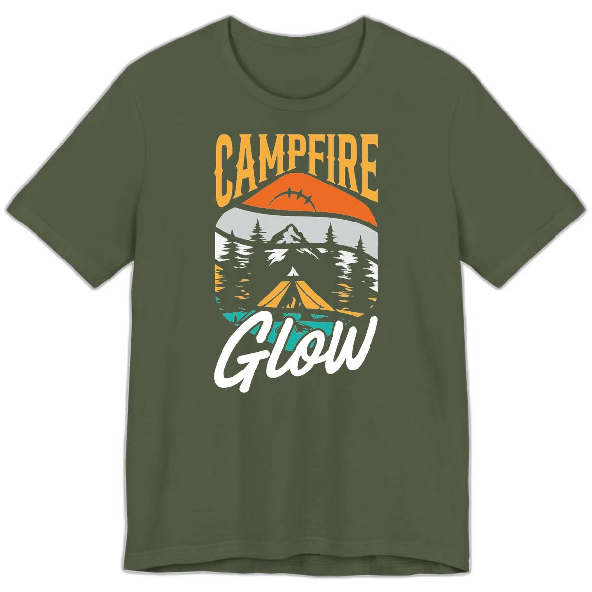 Campfire glow camping design with tent, mountain, pine trees and sunset illustration in orange, gold and teal colors in Military Green
