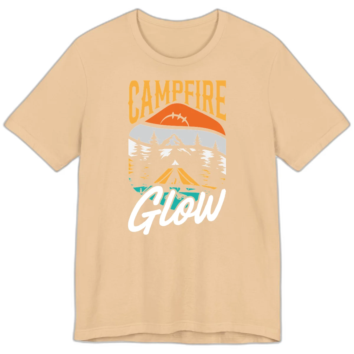 Campfire glow camping design with tent, mountain, pine trees and sunset illustration in orange, gold and teal colors in Sand Dune