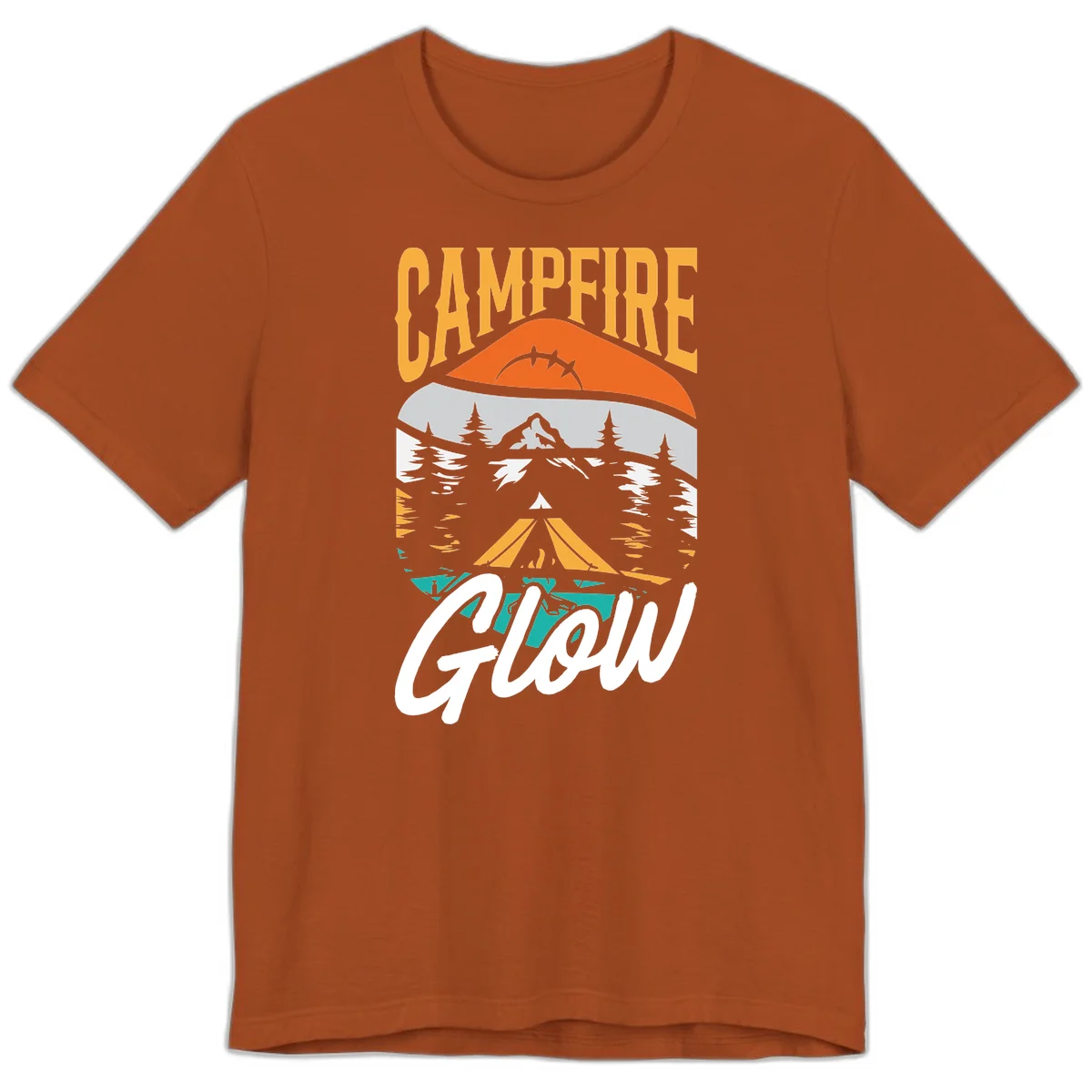 Campfire glow camping design with tent, mountain, pine trees and sunset illustration in orange, gold and teal colors in Autumn