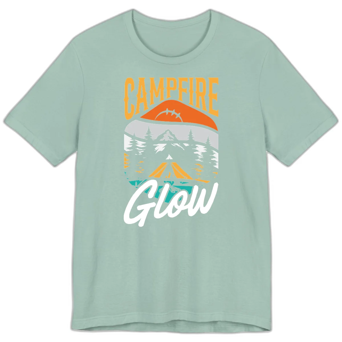 Campfire glow camping design with tent, mountain, pine trees and sunset illustration in orange, gold and teal colors in Dusty Blue