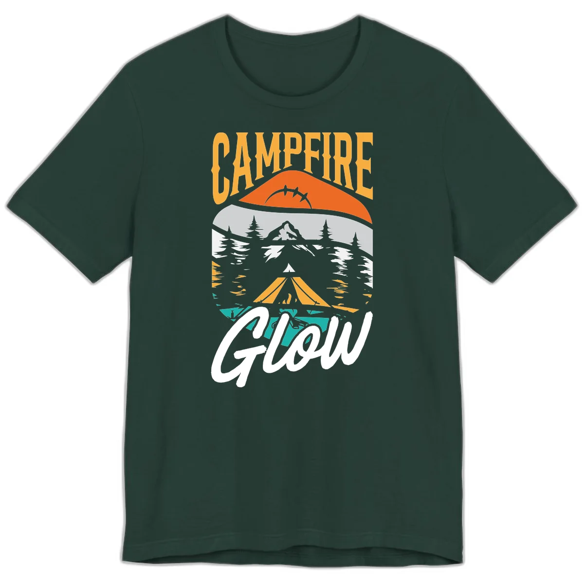 Campfire glow camping design with tent, mountain, pine trees and sunset illustration in orange, gold and teal colors in Forest