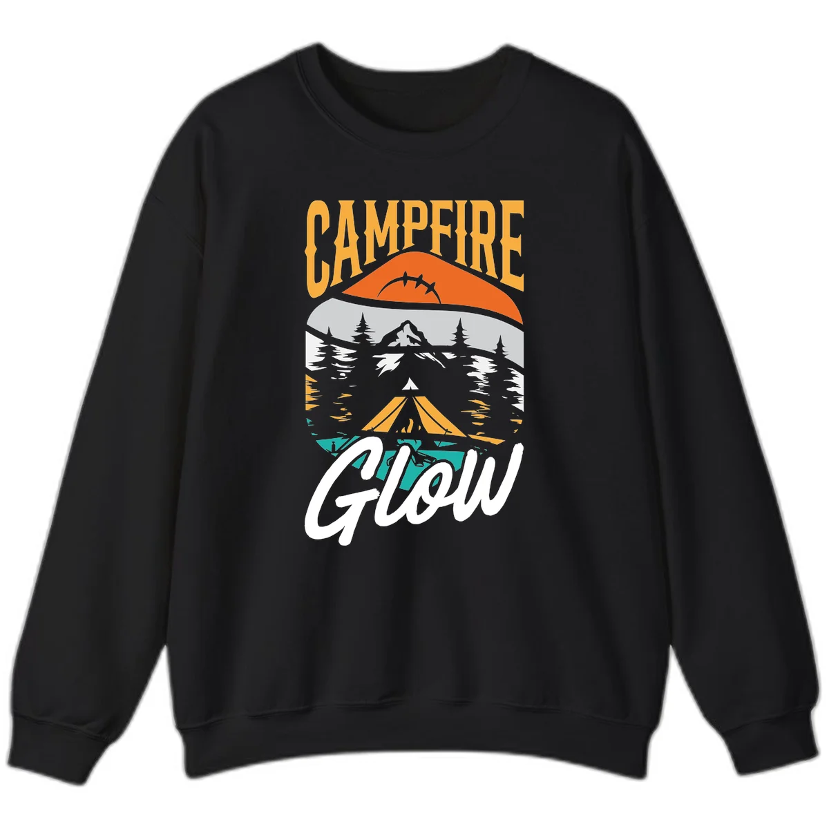 Campfire glow camping design with tent, mountain, pine trees and sunset illustration in orange, gold and teal colors in Black