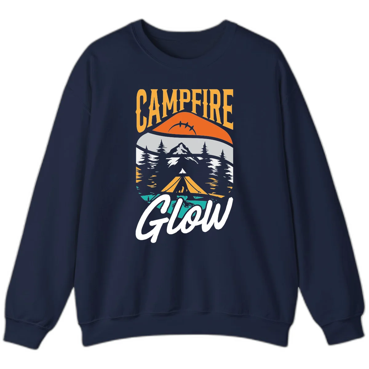 Campfire glow camping design with tent, mountain, pine trees and sunset illustration in orange, gold and teal colors in Navy