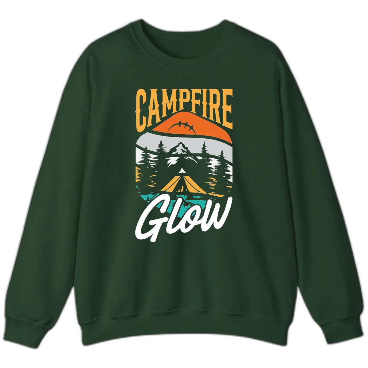 Campfire glow camping design with tent, mountain, pine trees and sunset illustration in orange, gold and teal colors in Forest Green