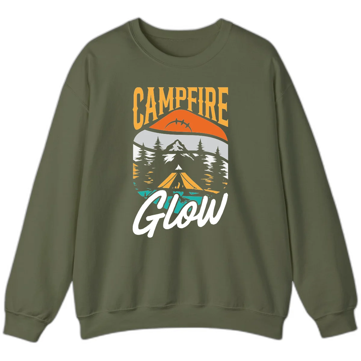 Campfire glow camping design with tent, mountain, pine trees and sunset illustration in orange, gold and teal colors in Military Green